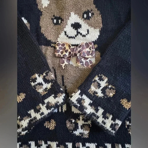 Vintage HEARTWORKS Sweater Cat Long Sleeve Faux Fur Collar Animal Print Black 5 - Picture 3 of 7